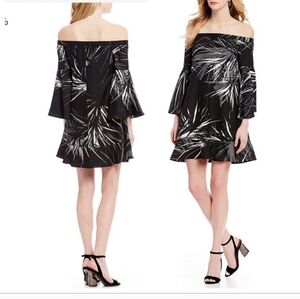 H By Halston Off the Shoulder Black Graphic Bell Sleeves Dress